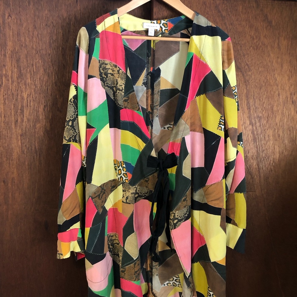 Topshop Multicolor Silk Robe with Tie Front & Pockets